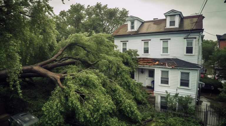 arafed tree on a house roof in front of a car. generative ai