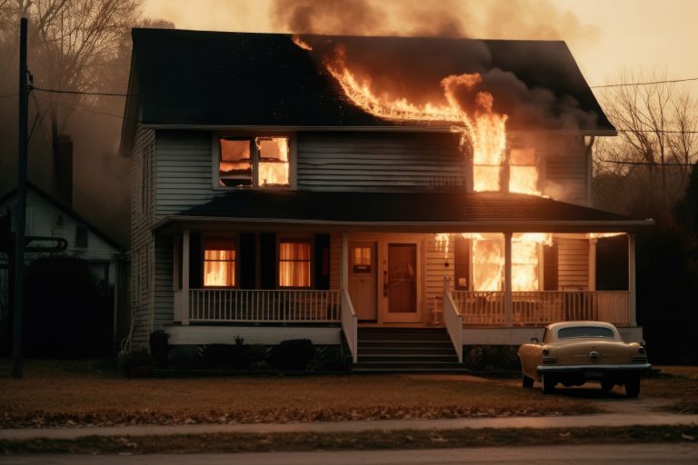 Burning house in suburb. Residential house in fire